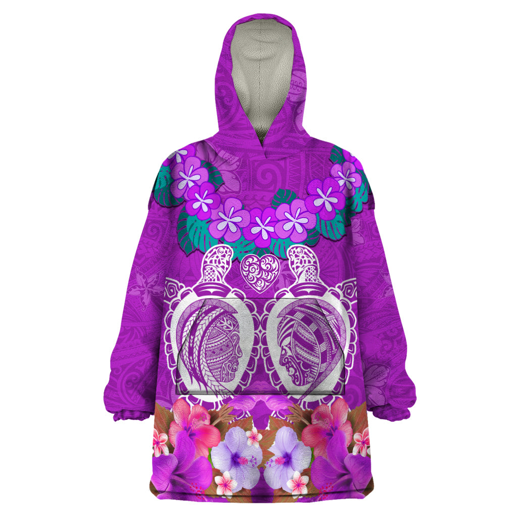 Polynesian Valentine Day Wearable Blanket Hoodie Love Couple Turtle Maori Hibiscus Purple LT03 One Size Purple - Polynesian Pride