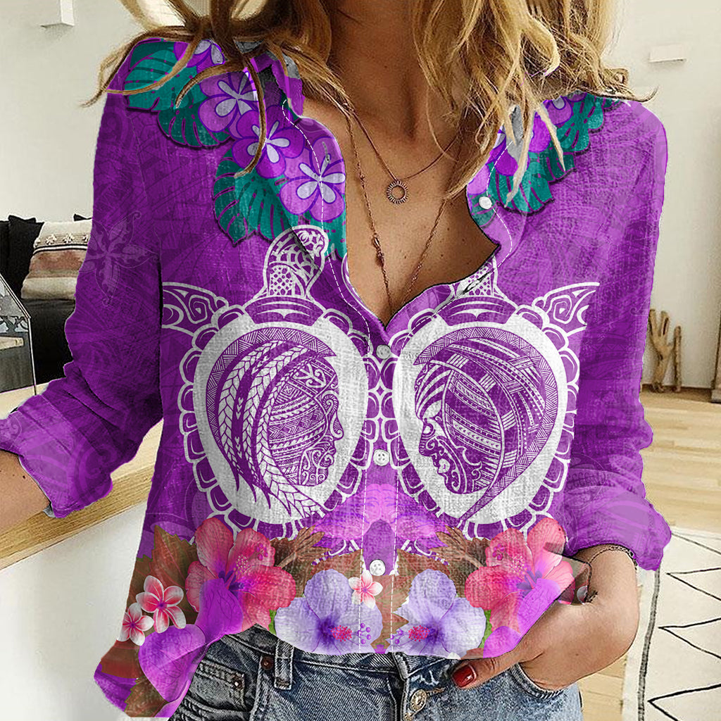 Polynesian Valentine Day Women Casual Shirt Love Couple Turtle Maori Hibiscus Purple LT03 Female Purple - Polynesian Pride