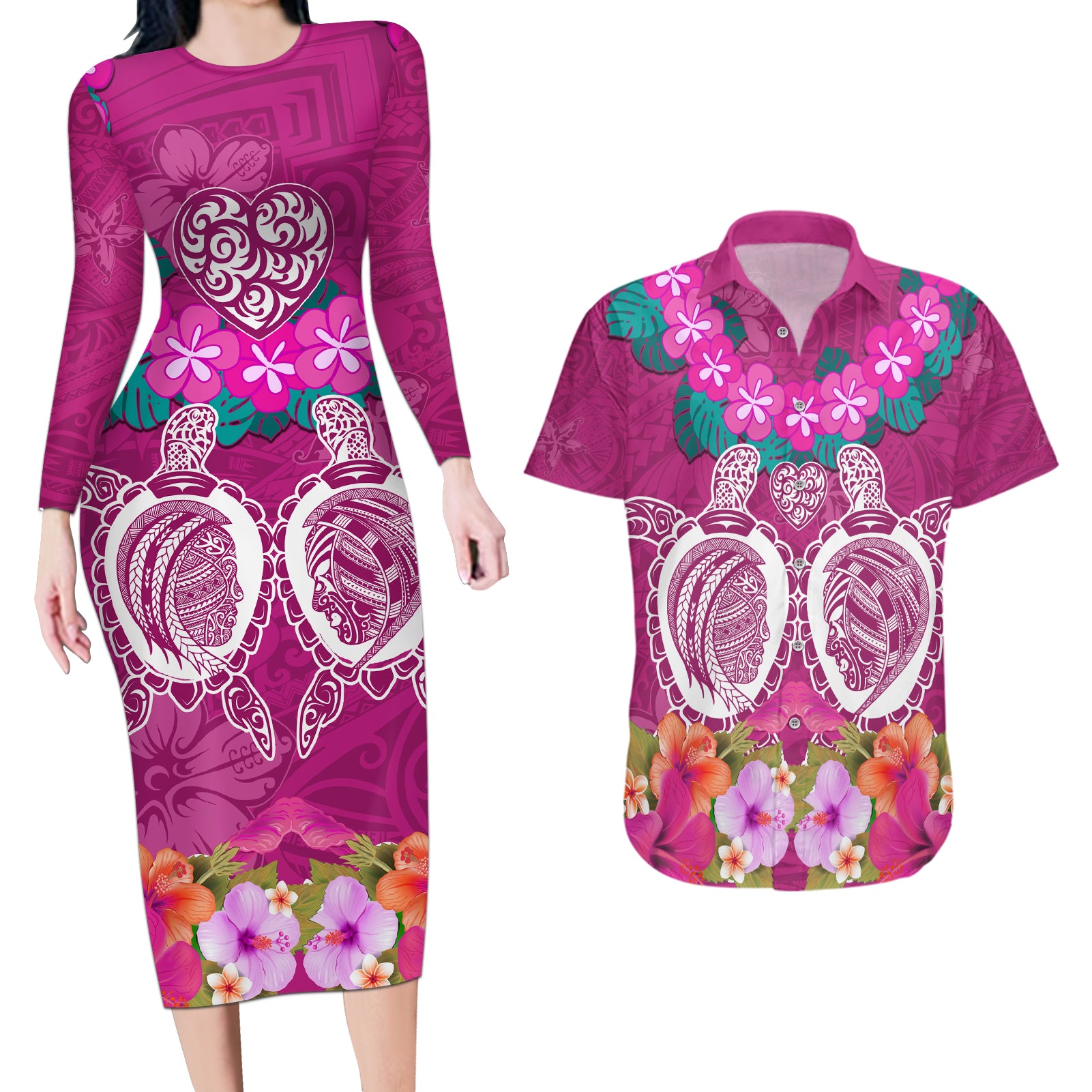 Polynesian Valentine Day Couples Matching Long Sleeve Bodycon Dress and Hawaiian Shirt Love Couple Turtle Maori Hibiscus Pink LT03 Pink - Polynesian Pride