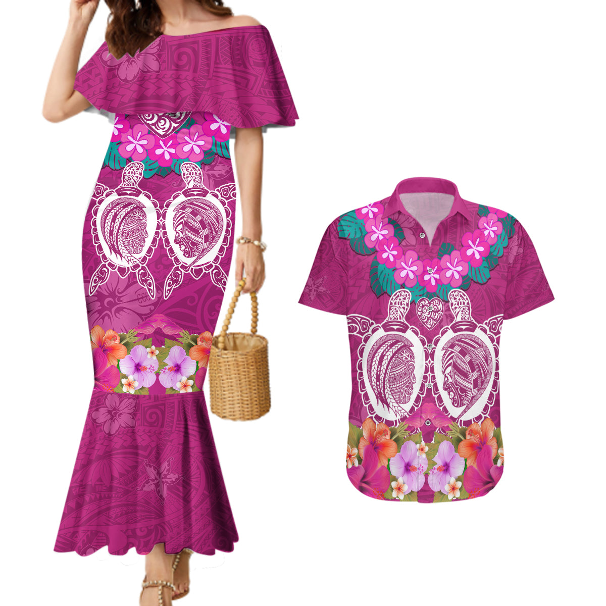 Polynesian Valentine Day Couples Matching Mermaid Dress and Hawaiian Shirt Love Couple Turtle Maori Hibiscus Pink LT03 Pink - Polynesian Pride