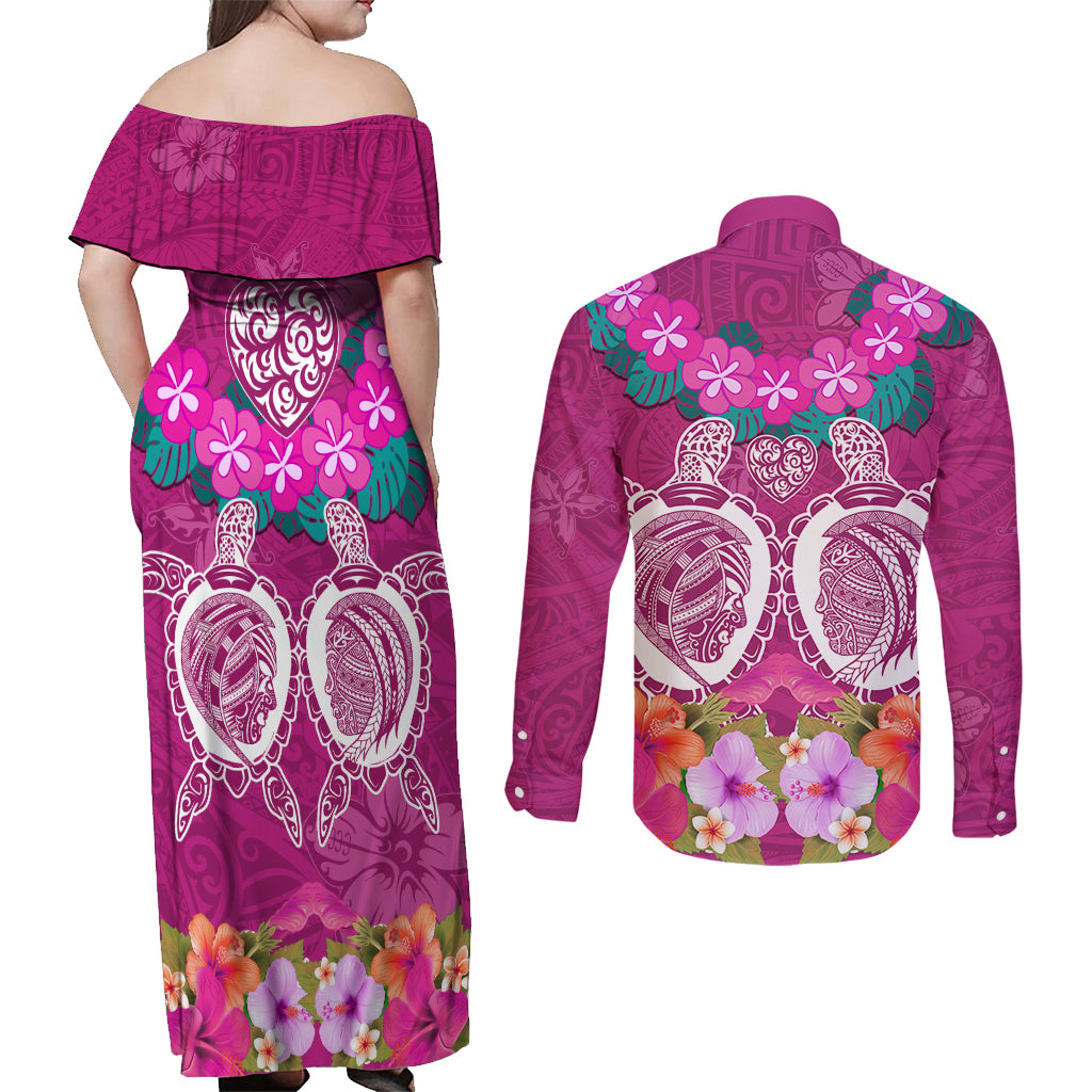 Polynesian Valentine Day Couples Matching Off Shoulder Maxi Dress and Long Sleeve Button Shirt Love Couple Turtle Maori Hibiscus Pink LT03 - Polynesian Pride