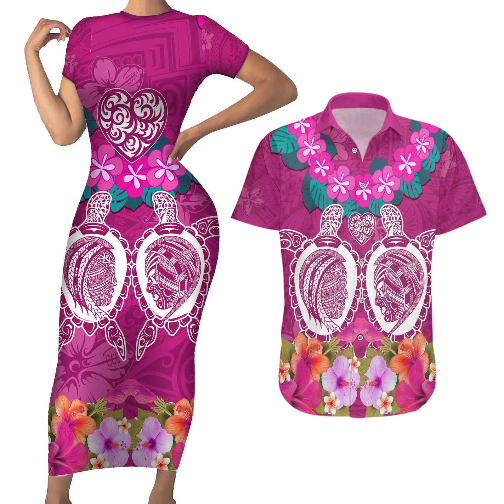 Polynesian Valentine Day Couples Matching Short Sleeve Bodycon Dress and Hawaiian Shirt Love Couple Turtle Maori Hibiscus Pink LT03 Pink - Polynesian Pride