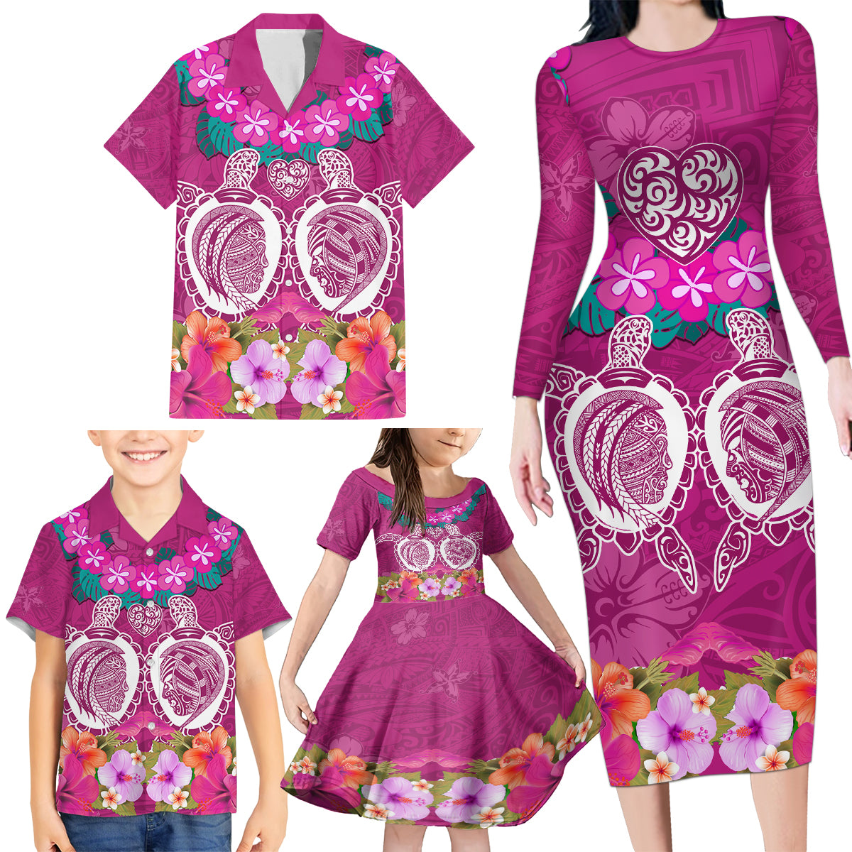 Polynesian Valentine Day Family Matching Long Sleeve Bodycon Dress and Hawaiian Shirt Love Couple Turtle Maori Hibiscus Pink LT03 - Polynesian Pride