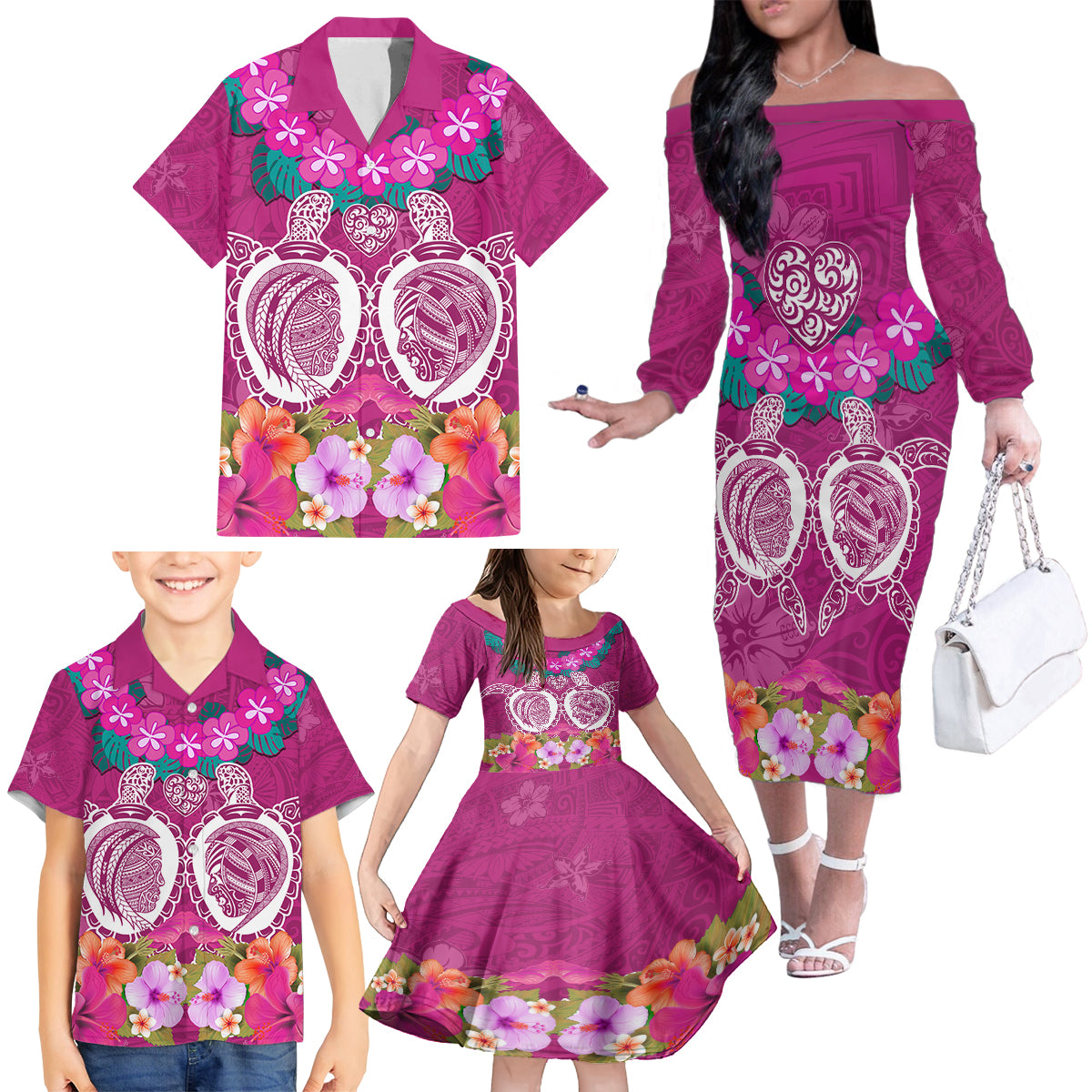 Polynesian Valentine Day Family Matching Off Shoulder Long Sleeve Dress and Hawaiian Shirt Love Couple Turtle Maori Hibiscus Pink LT03 - Polynesian Pride