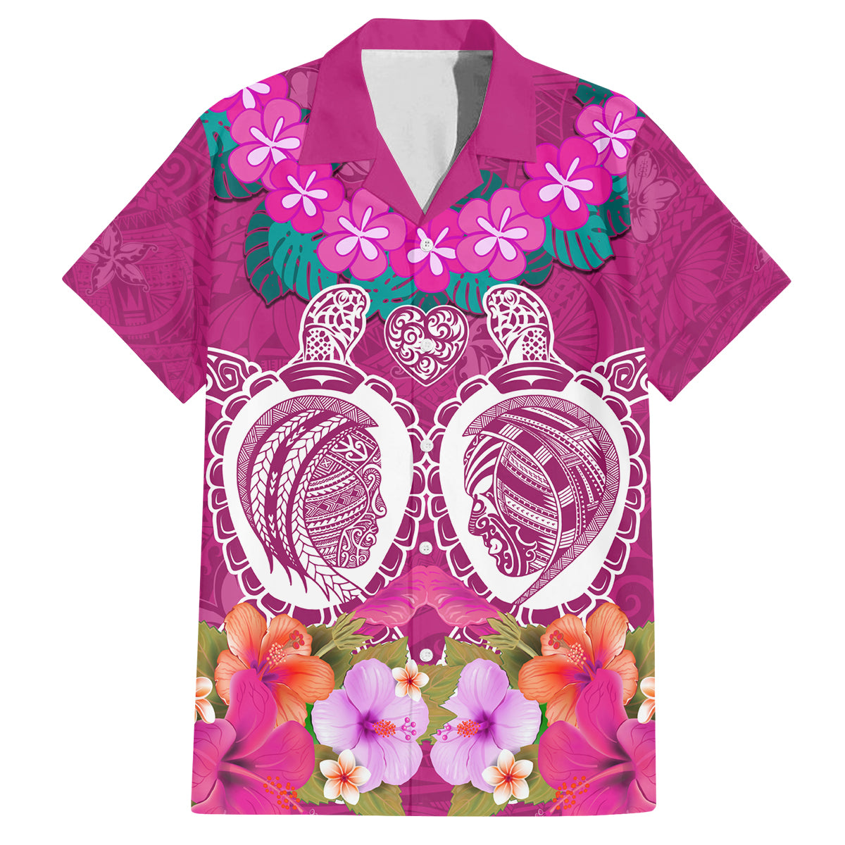 Polynesian Valentine Day Family Matching Off Shoulder Long Sleeve Dress and Hawaiian Shirt Love Couple Turtle Maori Hibiscus Pink LT03 Dad's Shirt - Short Sleeve Pink - Polynesian Pride