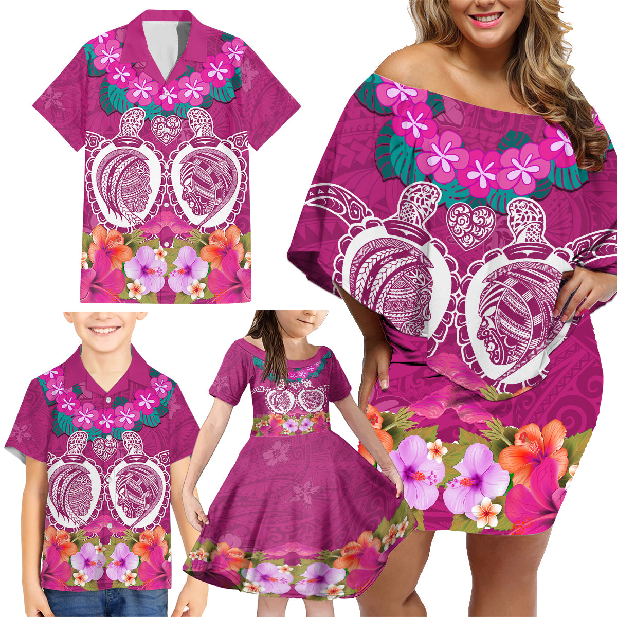 Polynesian Valentine Day Family Matching Off Shoulder Short Dress and Hawaiian Shirt Love Couple Turtle Maori Hibiscus Pink LT03 - Polynesian Pride