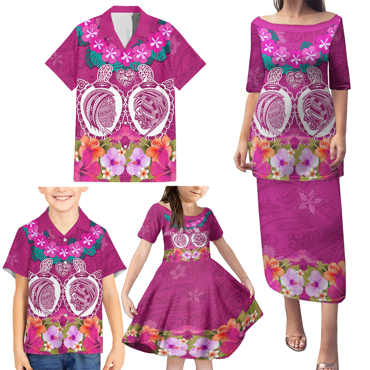 Polynesian Valentine Day Family Matching Puletasi and Hawaiian Shirt Love Couple Turtle Maori Hibiscus Pink LT03 - Polynesian Pride