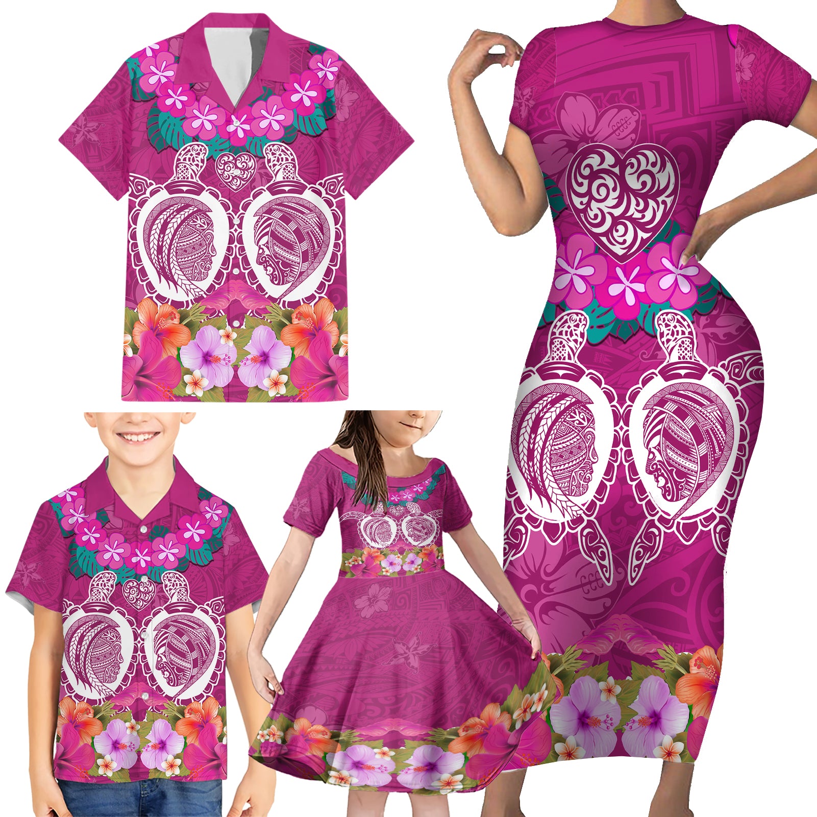 Polynesian Valentine Day Family Matching Short Sleeve Bodycon Dress and Hawaiian Shirt Love Couple Turtle Maori Hibiscus Pink LT03 - Polynesian Pride