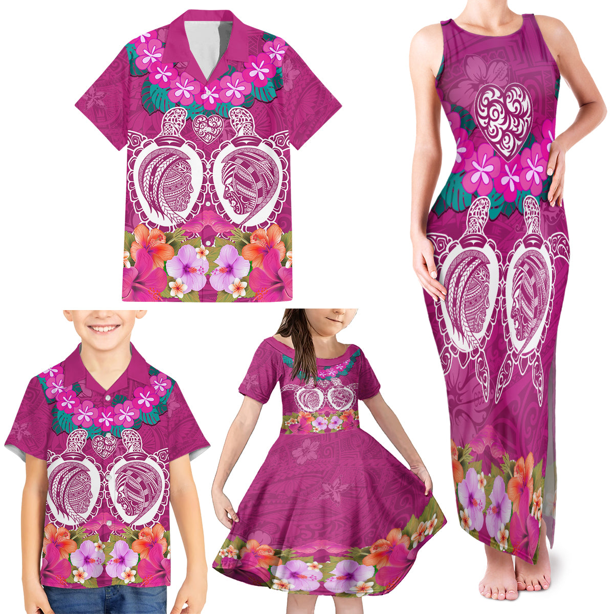 Polynesian Valentine Day Family Matching Tank Maxi Dress and Hawaiian Shirt Love Couple Turtle Maori Hibiscus Pink LT03 - Polynesian Pride