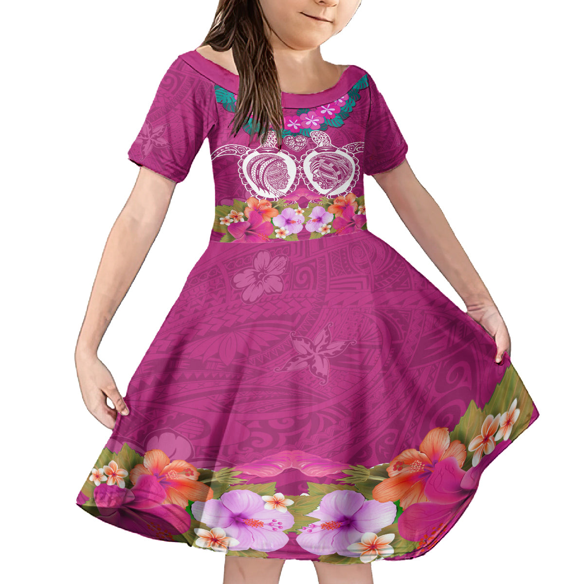 Polynesian Valentine Day Kid Short Sleeve Dress Love Couple Turtle Maori Hibiscus Pink LT03 KID Pink - Polynesian Pride