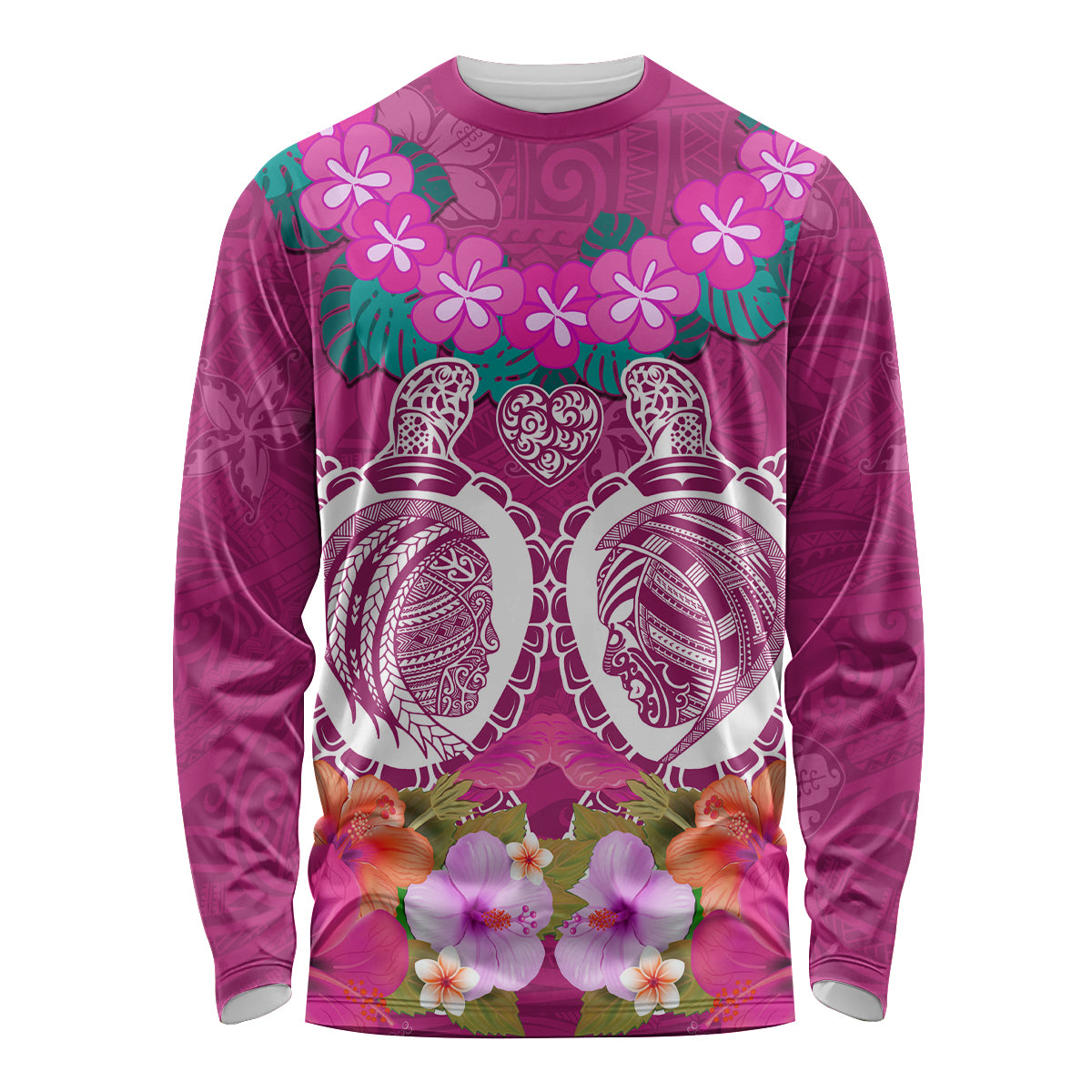 Polynesian Valentine Day Long Sleeve Shirt Love Couple Turtle Maori Hibiscus Pink LT03 Unisex Pink - Polynesian Pride