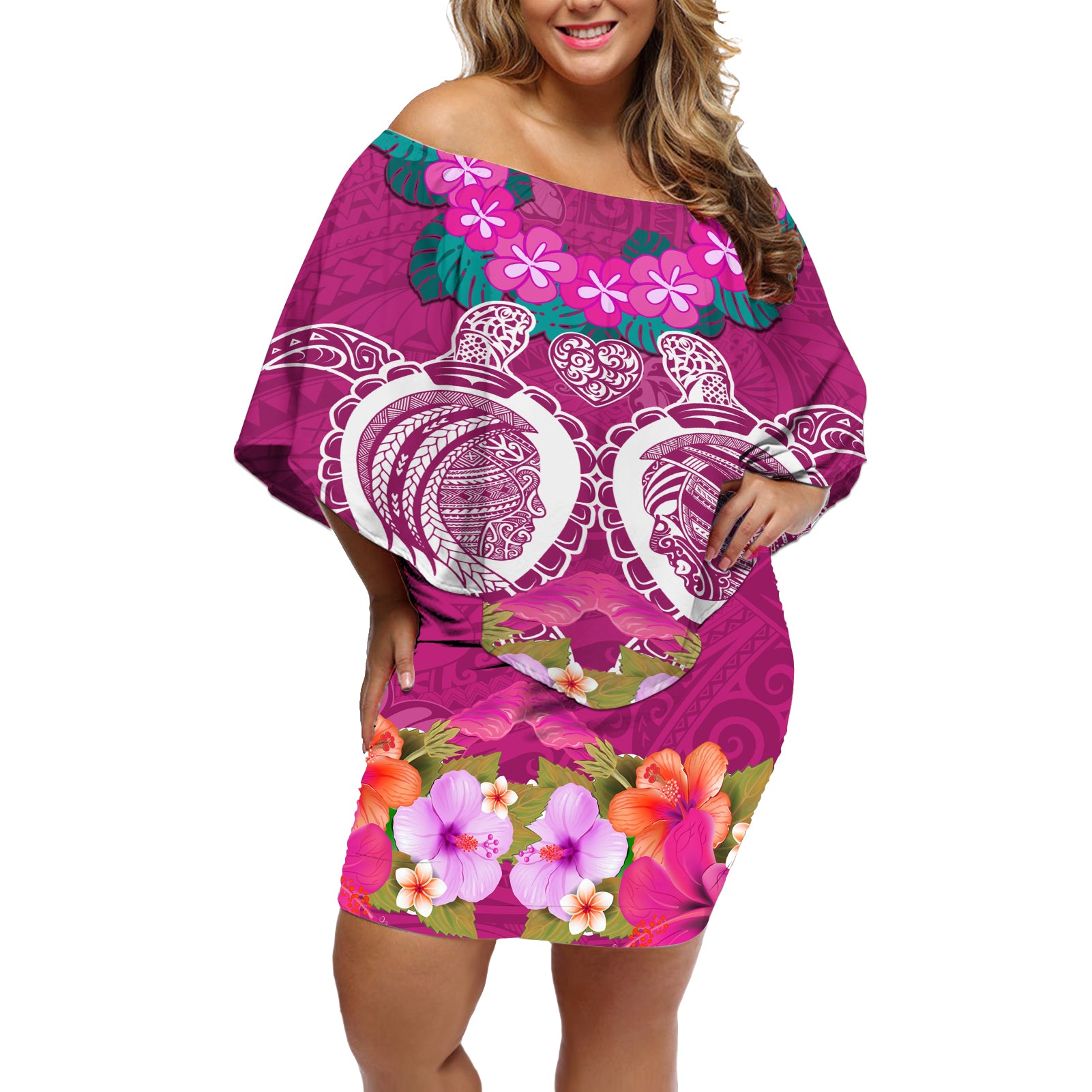 Polynesian Valentine Day Off Shoulder Short Dress Love Couple Turtle Maori Hibiscus Pink LT03 Women Pink - Polynesian Pride