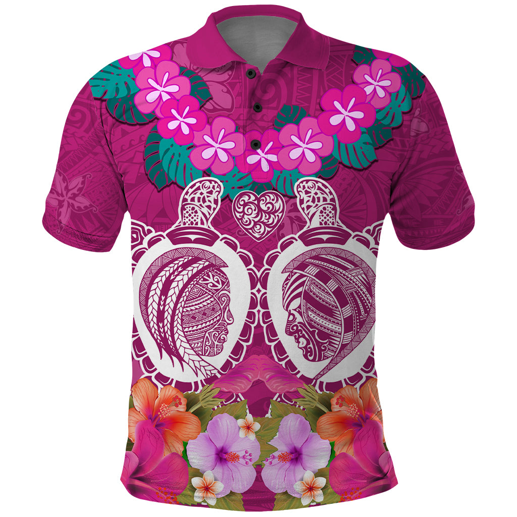 Polynesian Valentine Day Polo Shirt Love Couple Turtle Maori Hibiscus Pink LT03 Pink - Polynesian Pride