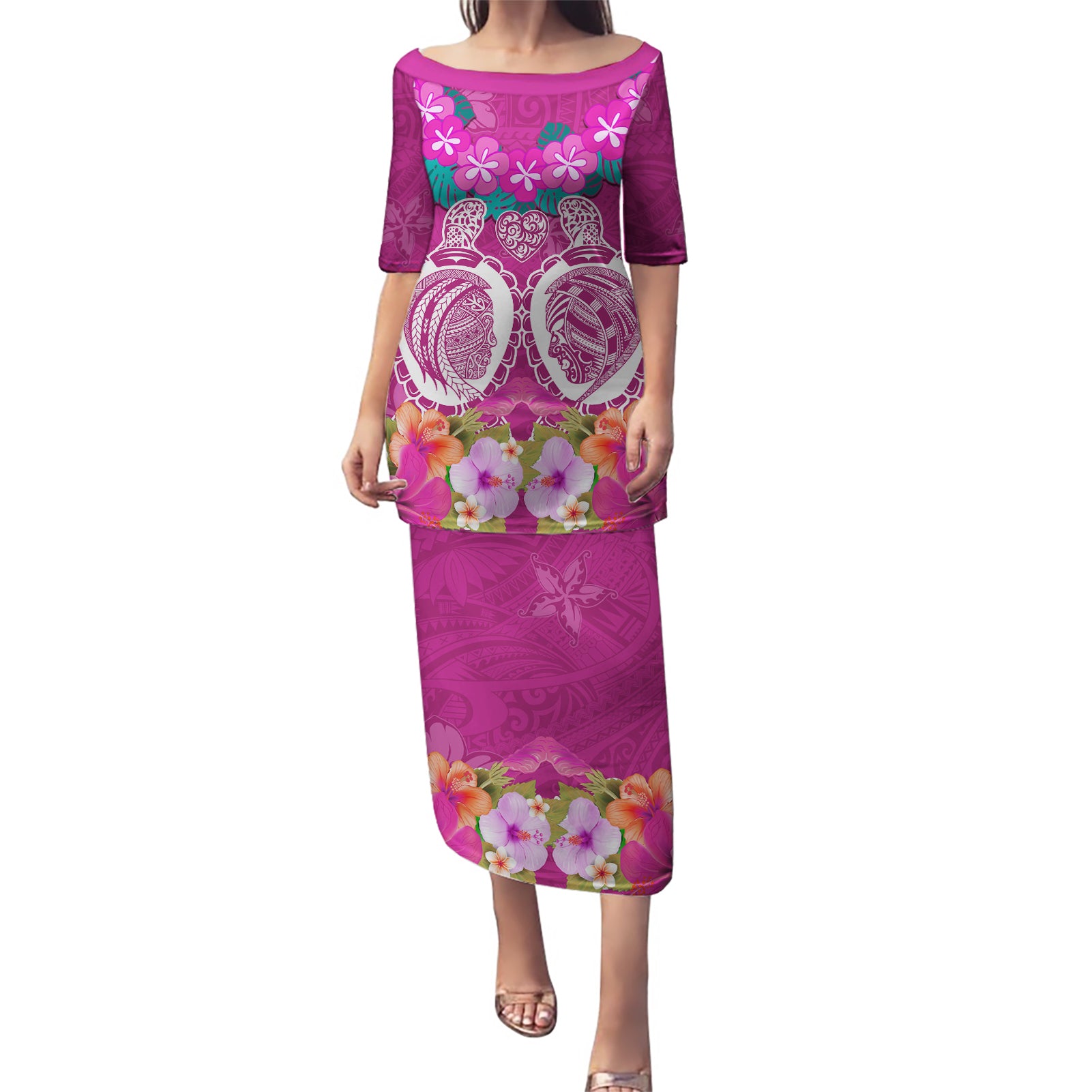 Polynesian Valentine Day Puletasi Love Couple Turtle Maori Hibiscus Pink LT03 Long Dress Pink - Polynesian Pride