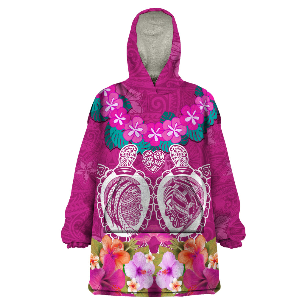 Polynesian Valentine Day Wearable Blanket Hoodie Love Couple Turtle Maori Hibiscus Pink LT03 One Size Pink - Polynesian Pride