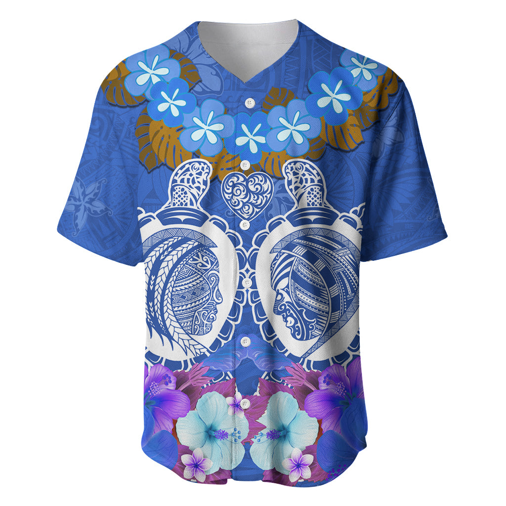 Polynesian Valentine Day Baseball Jersey Love Couple Turtle Maori Hibiscus Blue LT03 Blue - Polynesian Pride