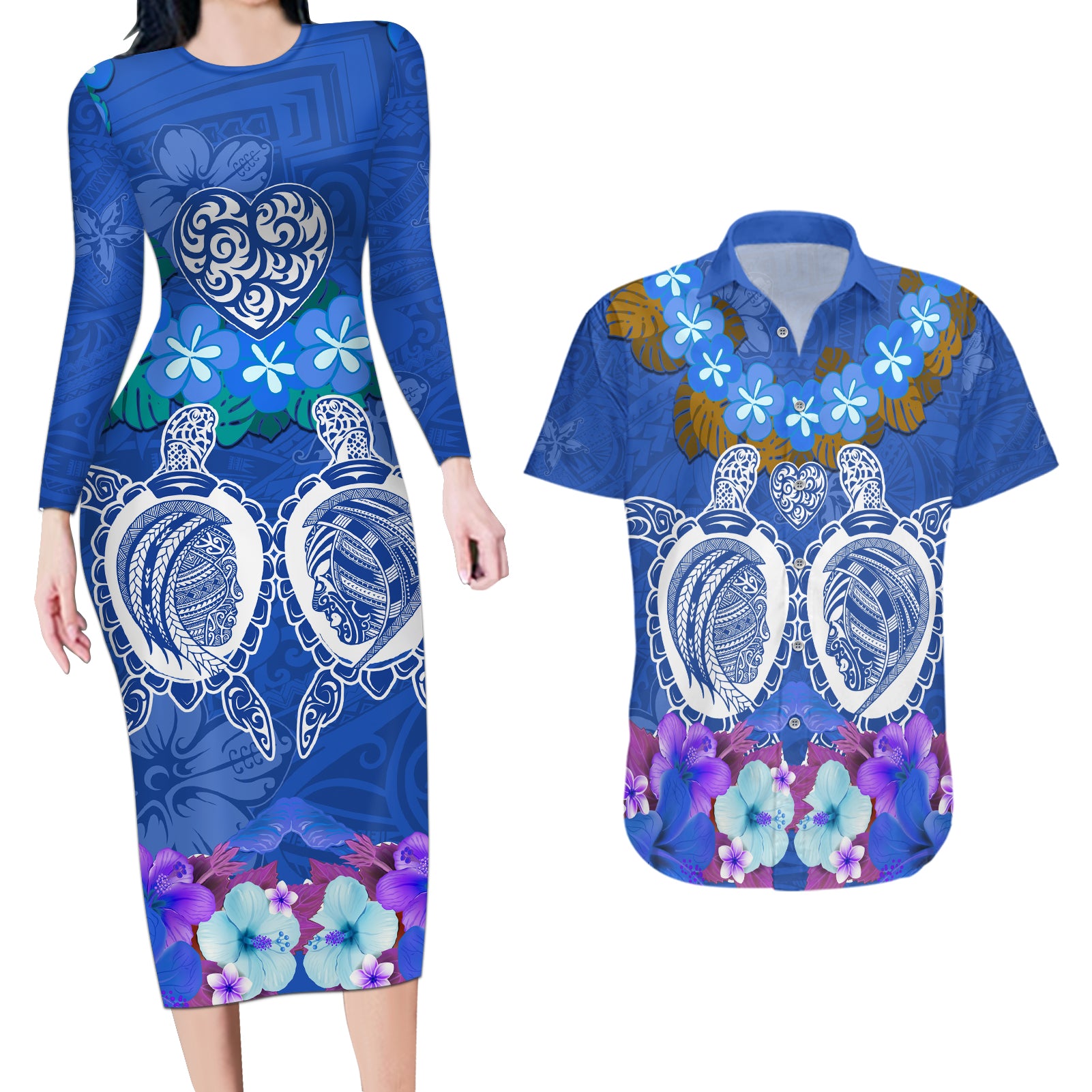 Polynesian Valentine Day Couples Matching Long Sleeve Bodycon Dress and Hawaiian Shirt Love Couple Turtle Maori Hibiscus Blue LT03 Blue - Polynesian Pride