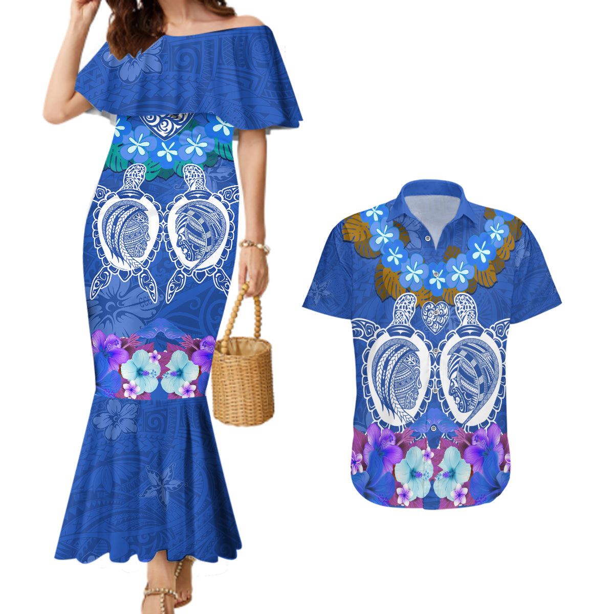 Polynesian Valentine Day Couples Matching Mermaid Dress and Hawaiian Shirt Love Couple Turtle Maori Hibiscus Blue LT03 Blue - Polynesian Pride