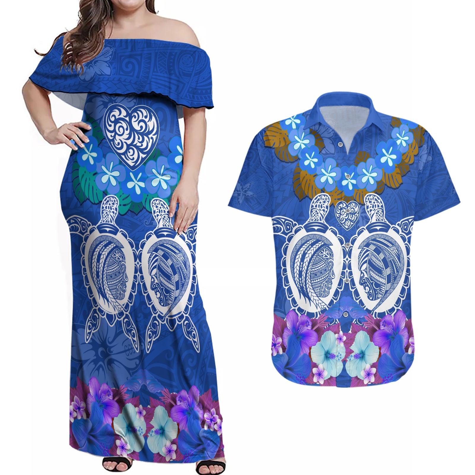 Polynesian Valentine Day Couples Matching Off Shoulder Maxi Dress and Hawaiian Shirt Love Couple Turtle Maori Hibiscus Blue LT03 Blue - Polynesian Pride