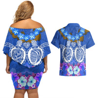 Polynesian Valentine Day Couples Matching Off Shoulder Short Dress and Hawaiian Shirt Love Couple Turtle Maori Hibiscus Blue LT03 - Polynesian Pride