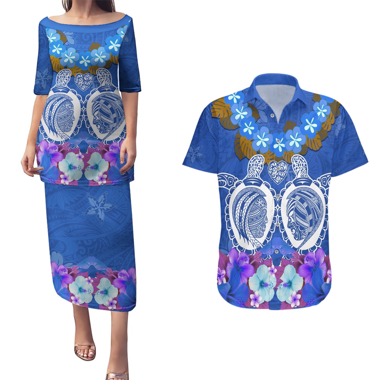 Polynesian Valentine Day Couples Matching Puletasi and Hawaiian Shirt Love Couple Turtle Maori Hibiscus Blue LT03 Blue - Polynesian Pride
