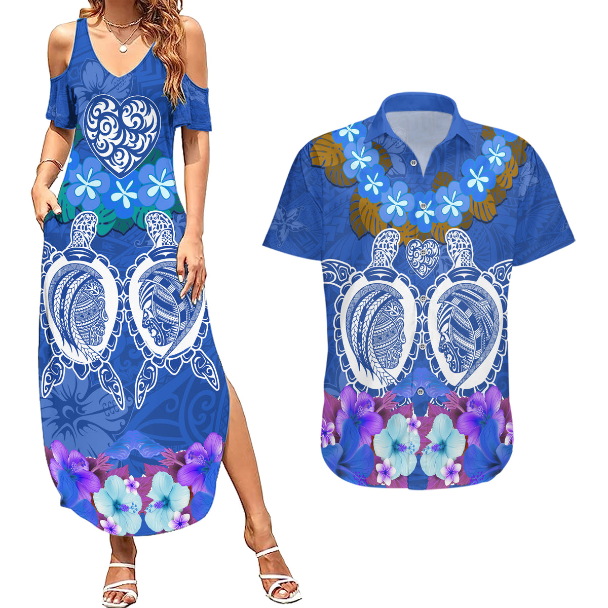 Polynesian Valentine Day Couples Matching Summer Maxi Dress and Hawaiian Shirt Love Couple Turtle Maori Hibiscus Blue LT03 Blue - Polynesian Pride