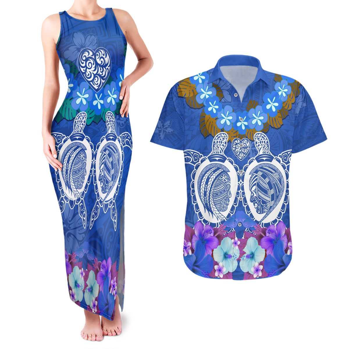 Polynesian Valentine Day Couples Matching Tank Maxi Dress and Hawaiian Shirt Love Couple Turtle Maori Hibiscus Blue LT03 Blue - Polynesian Pride