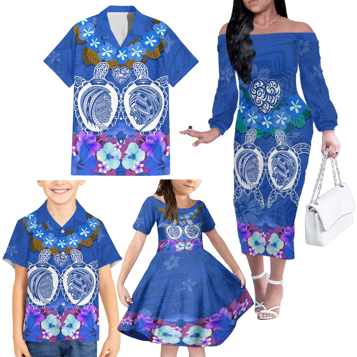 Polynesian Valentine Day Family Matching Off Shoulder Long Sleeve Dress and Hawaiian Shirt Love Couple Turtle Maori Hibiscus Blue LT03 - Polynesian Pride