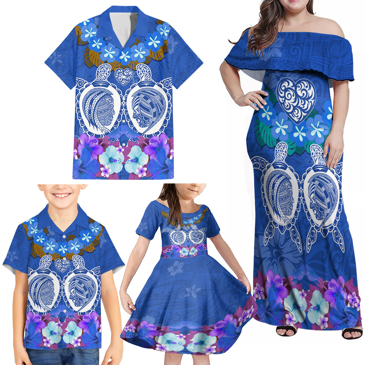 Polynesian Valentine Day Family Matching Off Shoulder Maxi Dress and Hawaiian Shirt Love Couple Turtle Maori Hibiscus Blue LT03 - Polynesian Pride