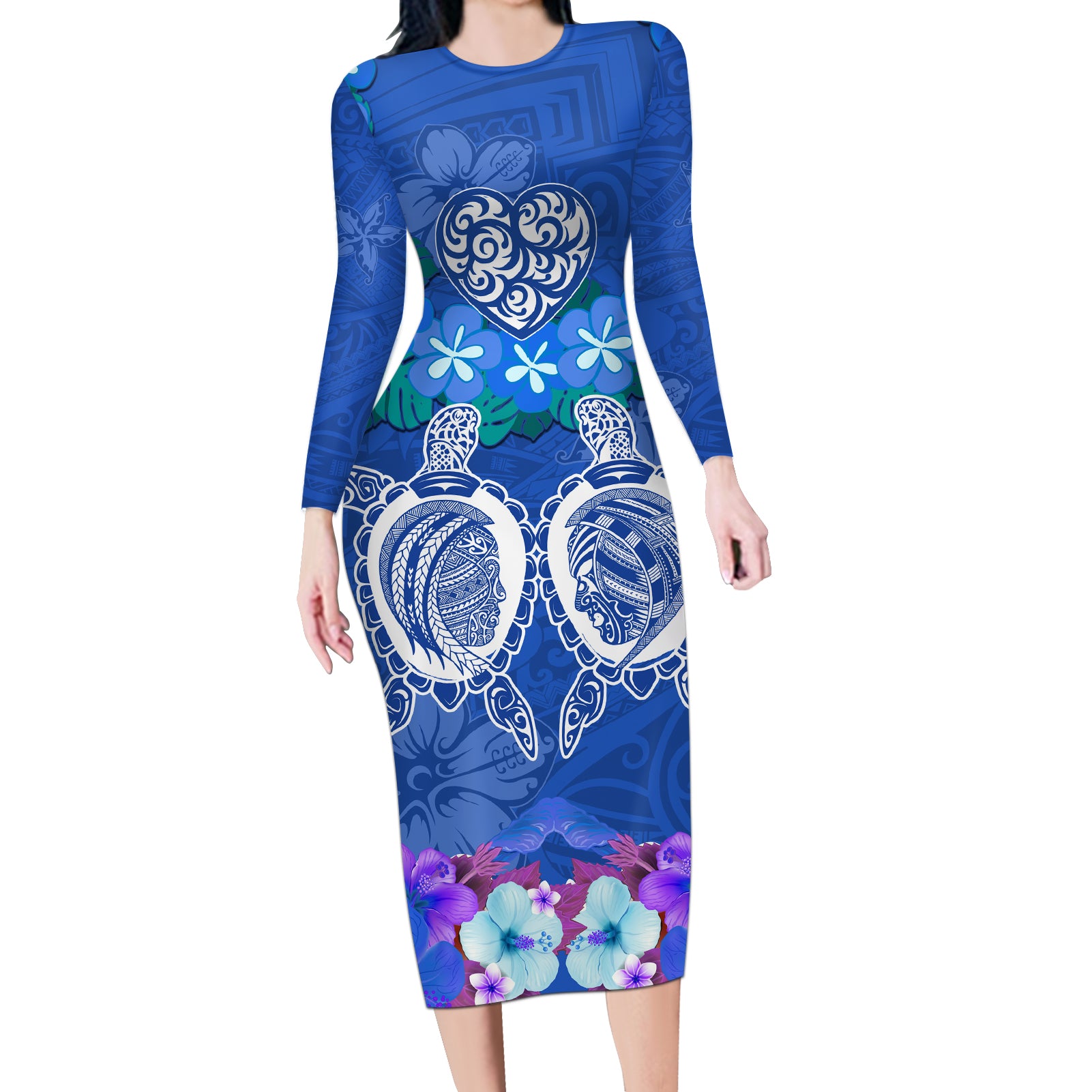 Polynesian Valentine Day Long Sleeve Bodycon Dress Love Couple Turtle Maori Hibiscus Blue LT03 Long Dress Blue - Polynesian Pride