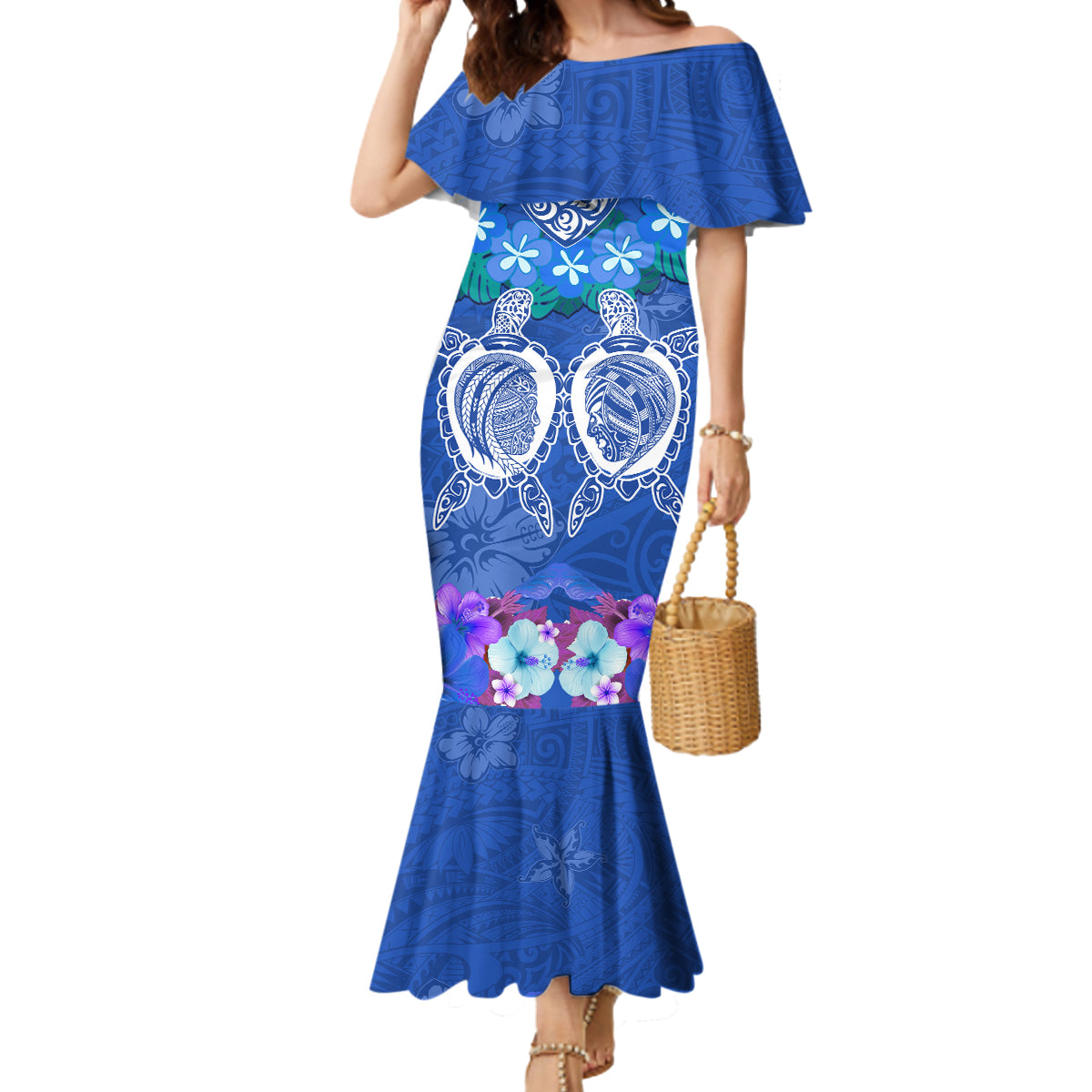 Polynesian Valentine Day Mermaid Dress Love Couple Turtle Maori Hibiscus Blue LT03 Women Blue - Polynesian Pride