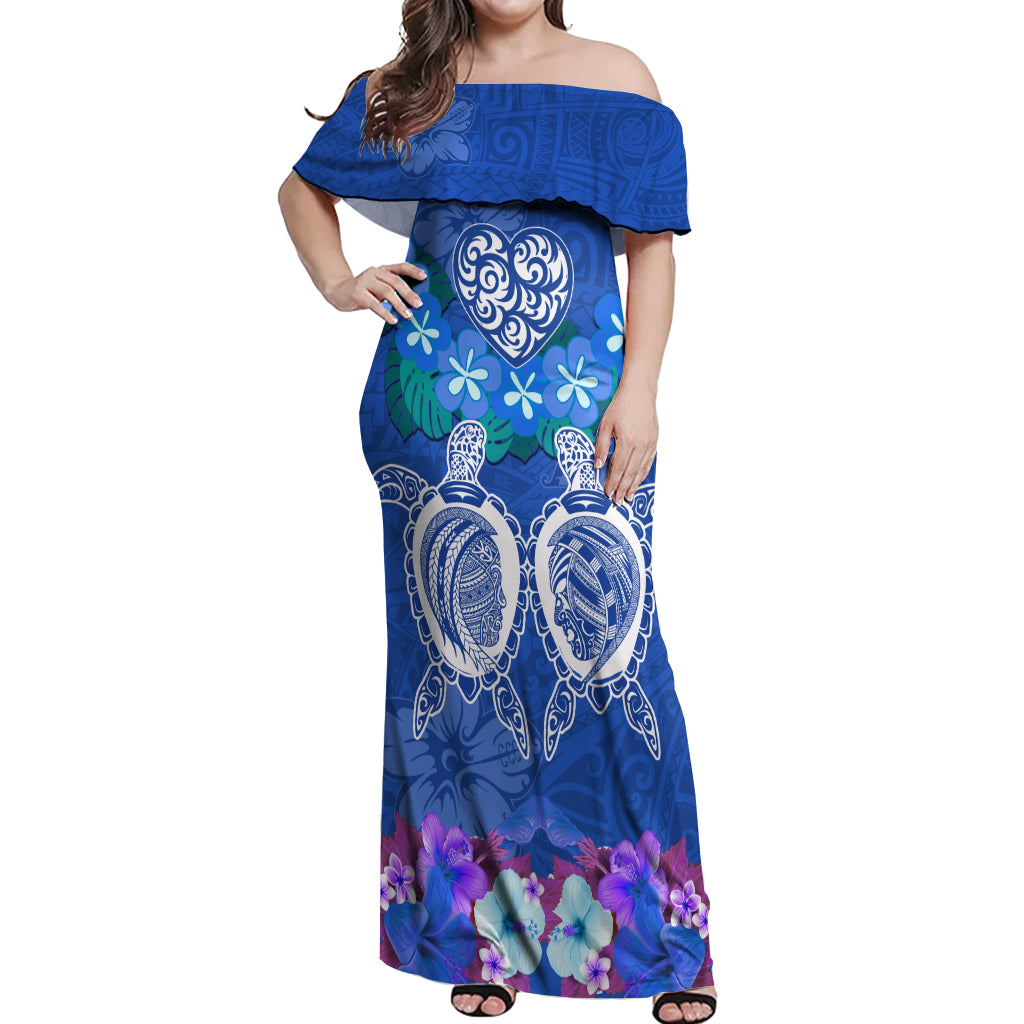 Polynesian Valentine Day Off Shoulder Maxi Dress Love Couple Turtle Maori Hibiscus Blue LT03 Women Blue - Polynesian Pride