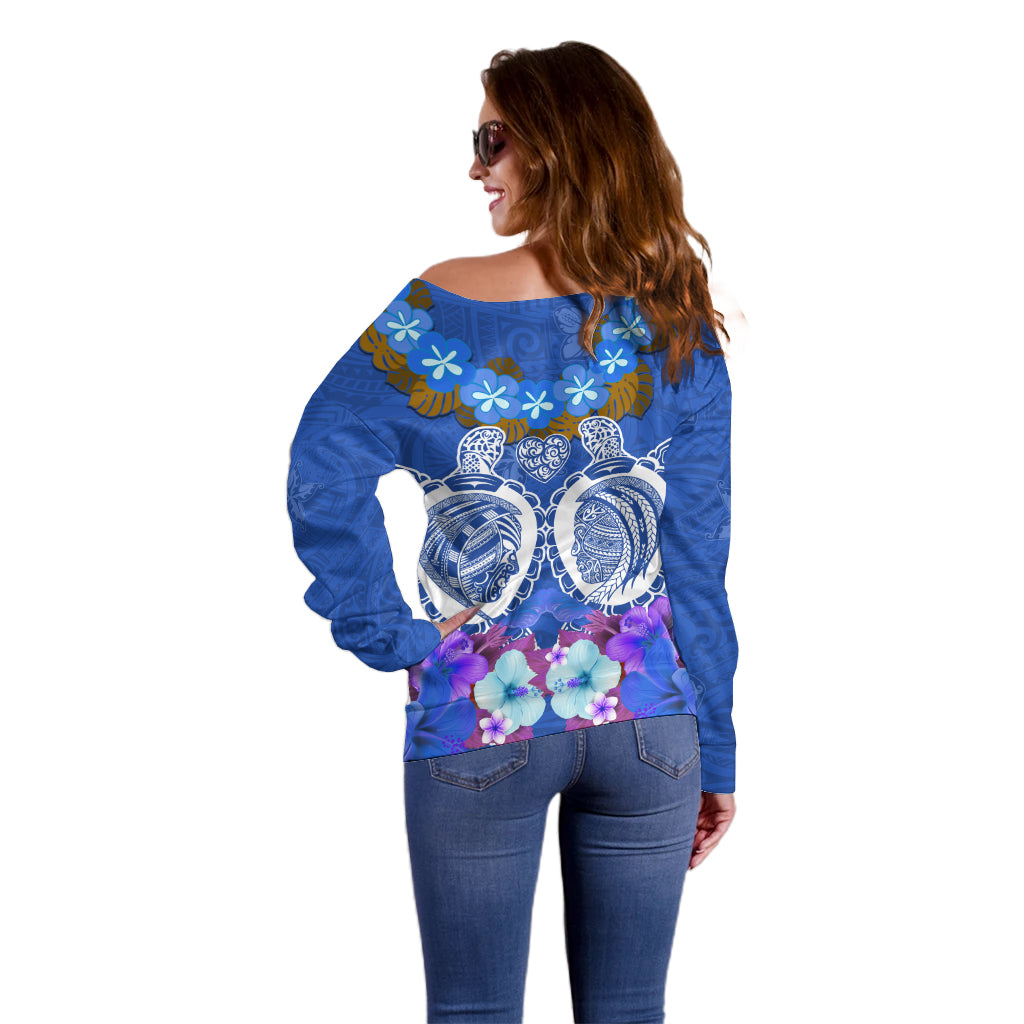 Polynesian Valentine Day Off Shoulder Sweater Love Couple Turtle Maori Hibiscus Blue LT03 - Polynesian Pride