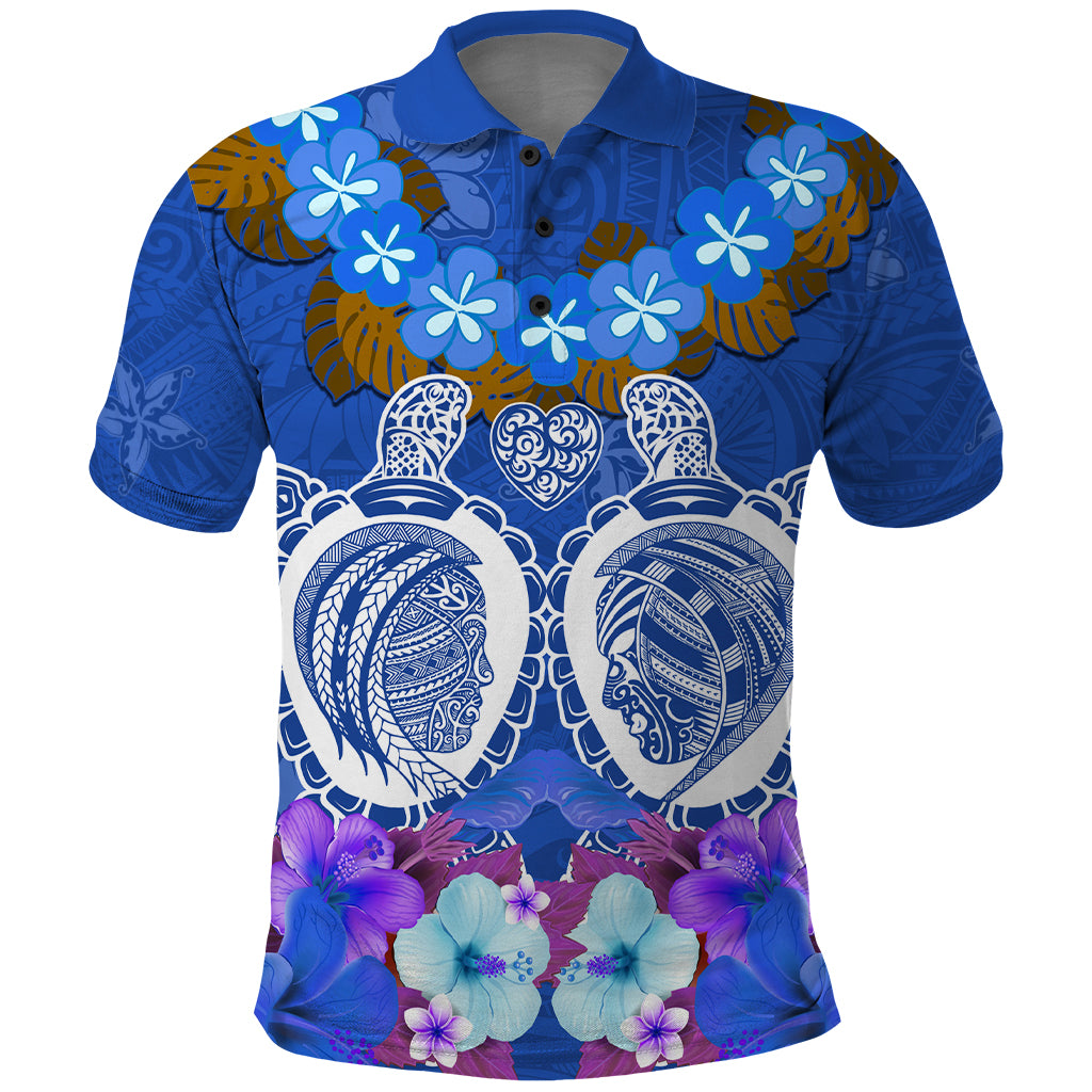 Polynesian Valentine Day Polo Shirt Love Couple Turtle Maori Hibiscus Blue LT03 Blue - Polynesian Pride