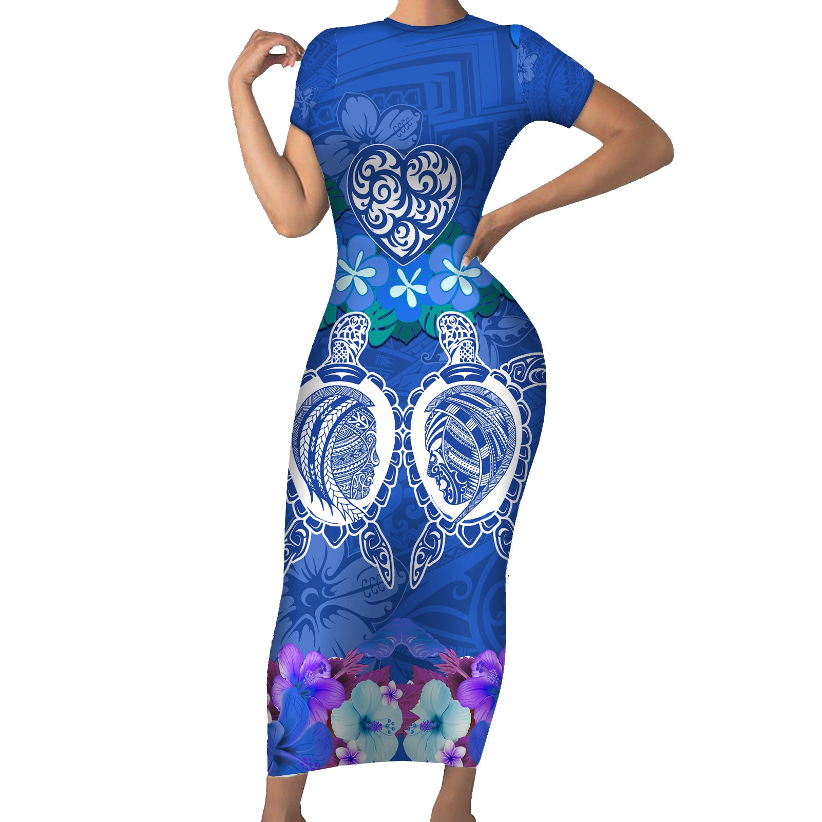 Polynesian Valentine Day Short Sleeve Bodycon Dress Love Couple Turtle Maori Hibiscus Blue LT03 Long Dress Blue - Polynesian Pride