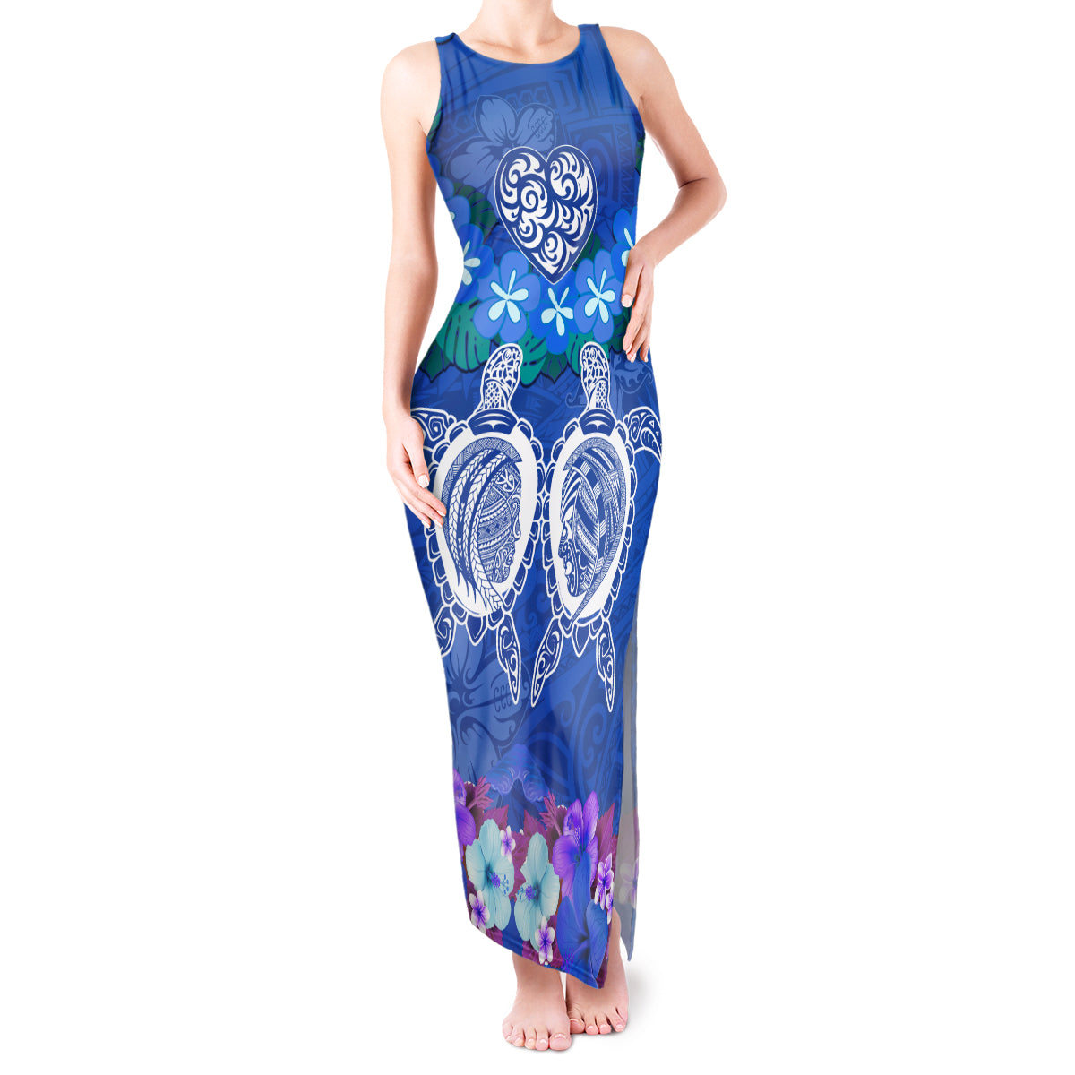 Polynesian Valentine Day Tank Maxi Dress Love Couple Turtle Maori Hibiscus Blue LT03 Women Blue - Polynesian Pride