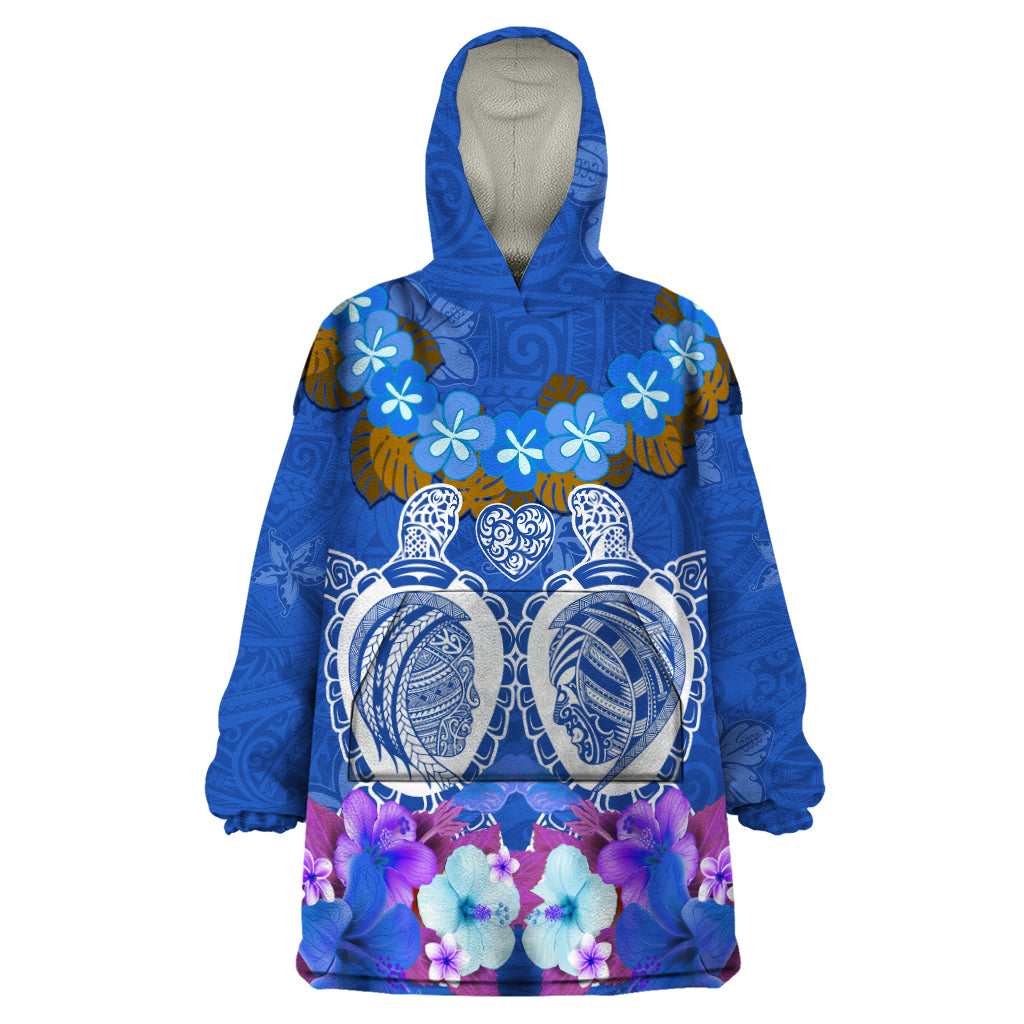 Polynesian Valentine Day Wearable Blanket Hoodie Love Couple Turtle Maori Hibiscus Blue LT03 One Size Blue - Polynesian Pride