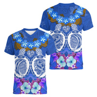 Polynesian Valentine Day Women V Neck T Shirt Love Couple Turtle Maori Hibiscus Blue LT03 - Polynesian Pride