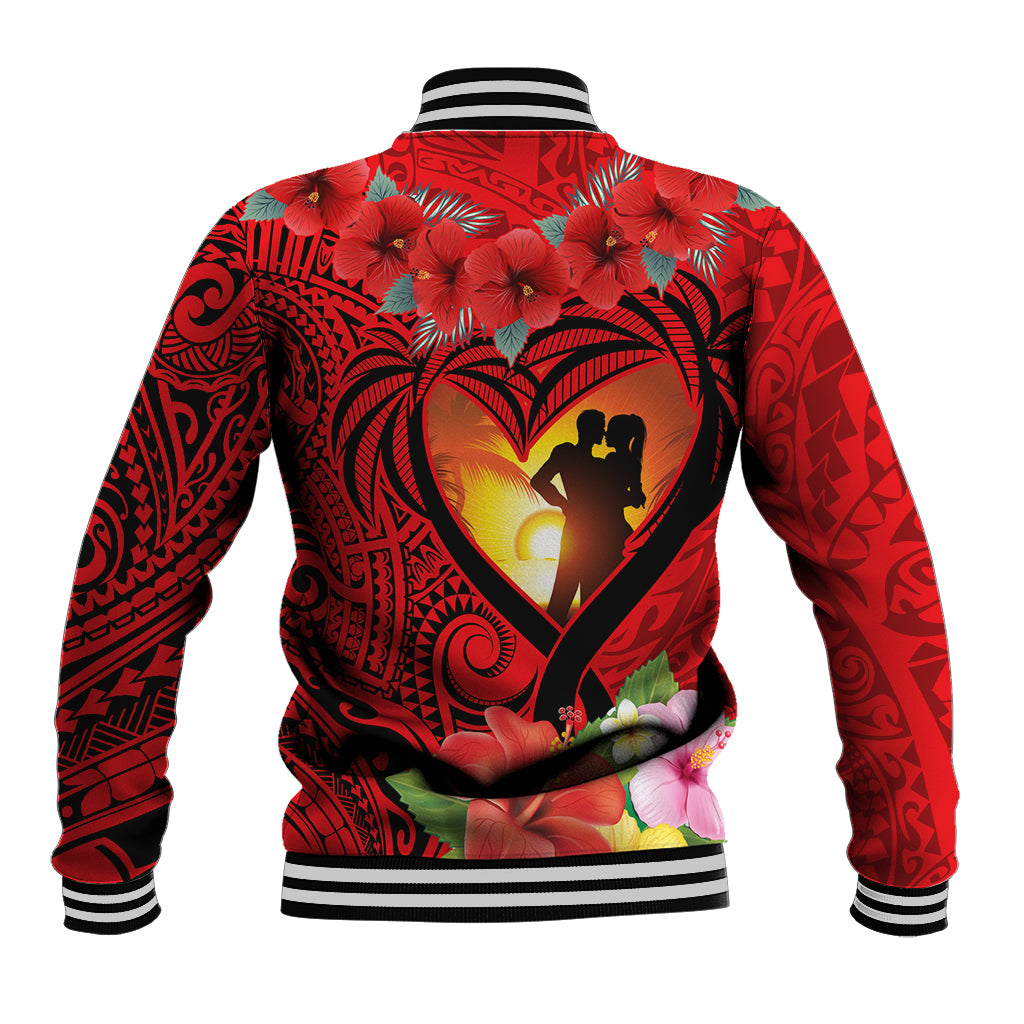 Hawaii Valentine Day Baseball Jacket Couple on Beach mix Hibiscus and Polynesian Tattoo LT03 - Polynesian Pride