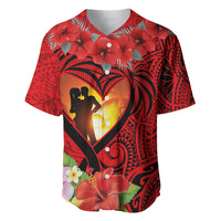 Hawaii Valentine Day Baseball Jersey Couple on Beach mix Hibiscus and Polynesian Tattoo LT03 Red - Polynesian Pride