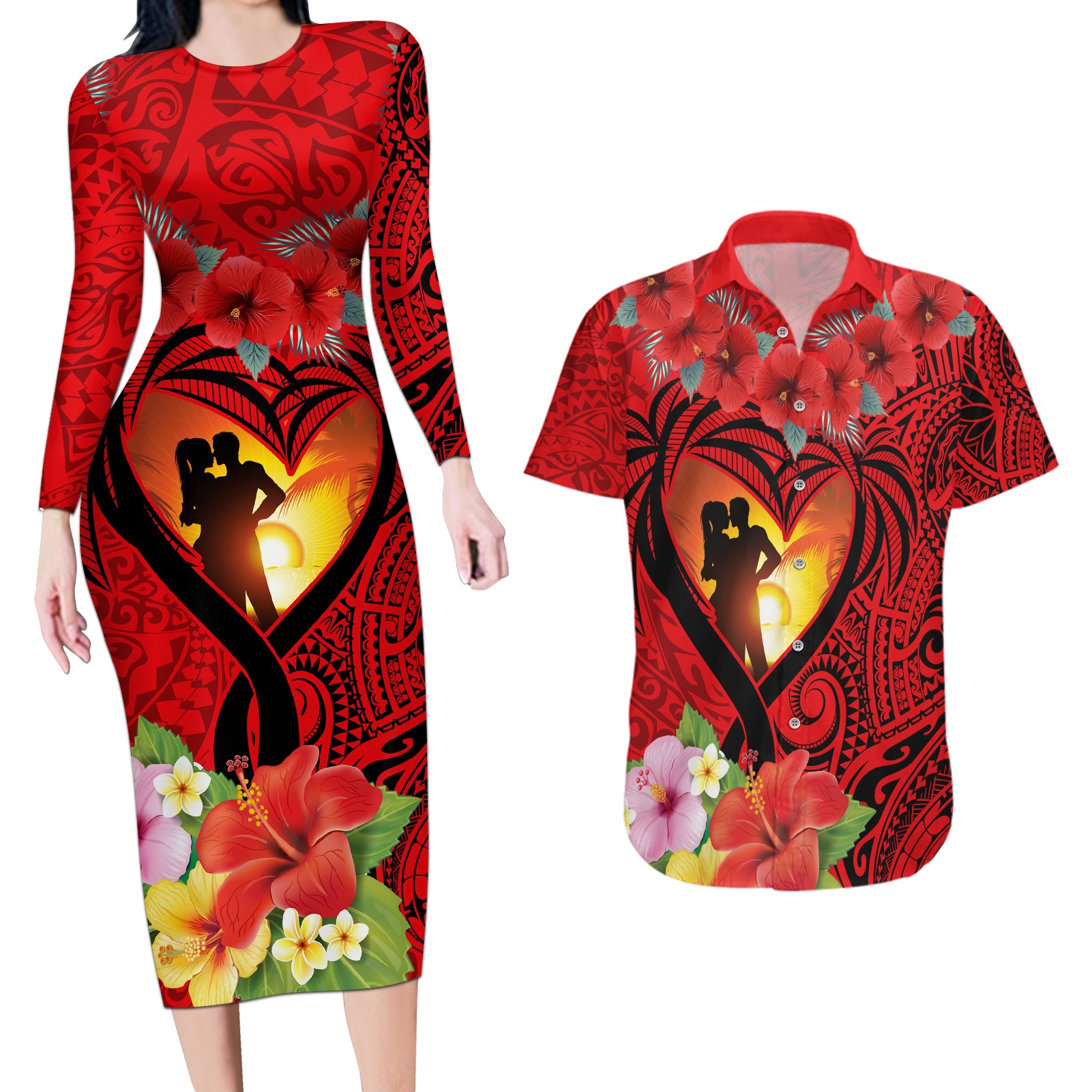 Hawaii Valentine Day Couples Matching Long Sleeve Bodycon Dress and Hawaiian Shirt Couple on Beach mix Hibiscus and Polynesian Tattoo LT03 Red - Polynesian Pride