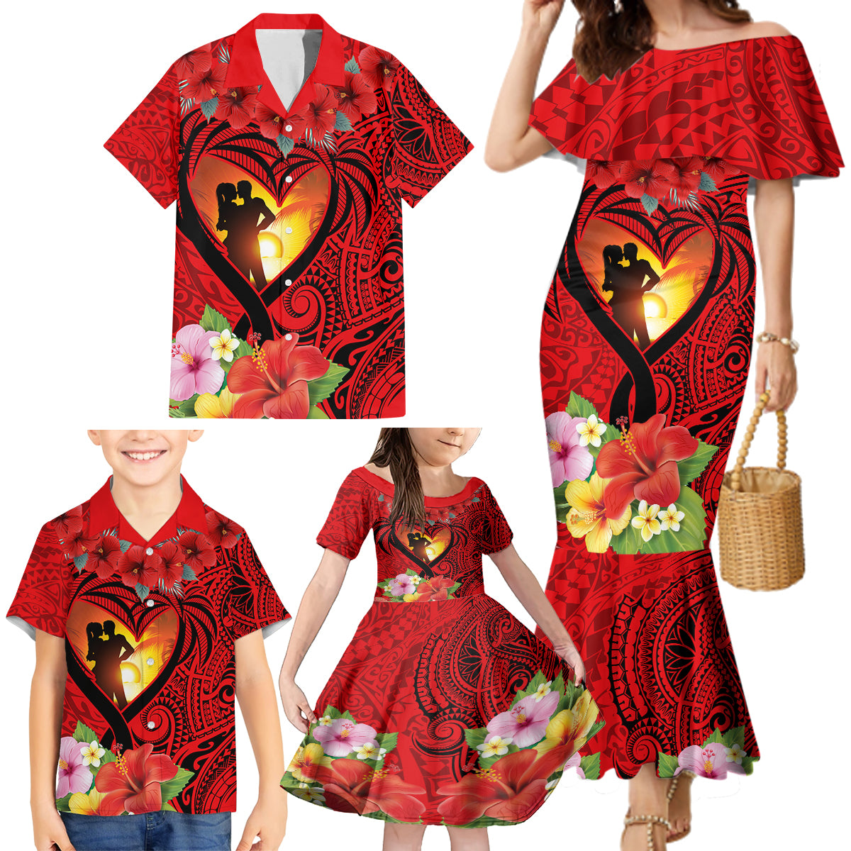 Hawaii Valentine Day Family Matching Mermaid Dress and Hawaiian Shirt Couple on Beach mix Hibiscus and Polynesian Tattoo LT03 - Polynesian Pride