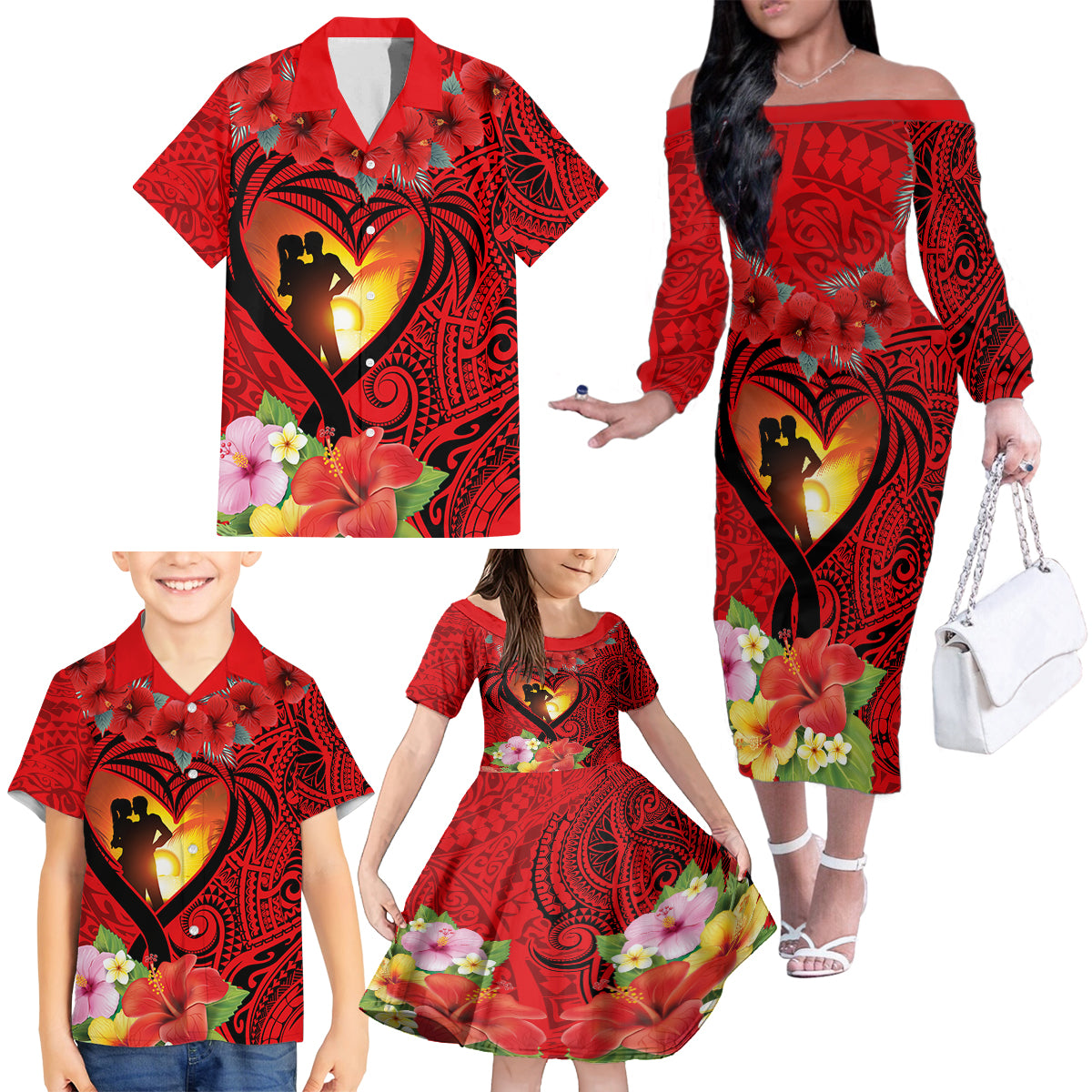 Hawaii Valentine Day Family Matching Off Shoulder Long Sleeve Dress and Hawaiian Shirt Couple on Beach mix Hibiscus and Polynesian Tattoo LT03 - Polynesian Pride