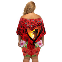 Hawaii Valentine Day Family Matching Off Shoulder Short Dress and Hawaiian Shirt Couple on Beach mix Hibiscus and Polynesian Tattoo LT03 - Polynesian Pride