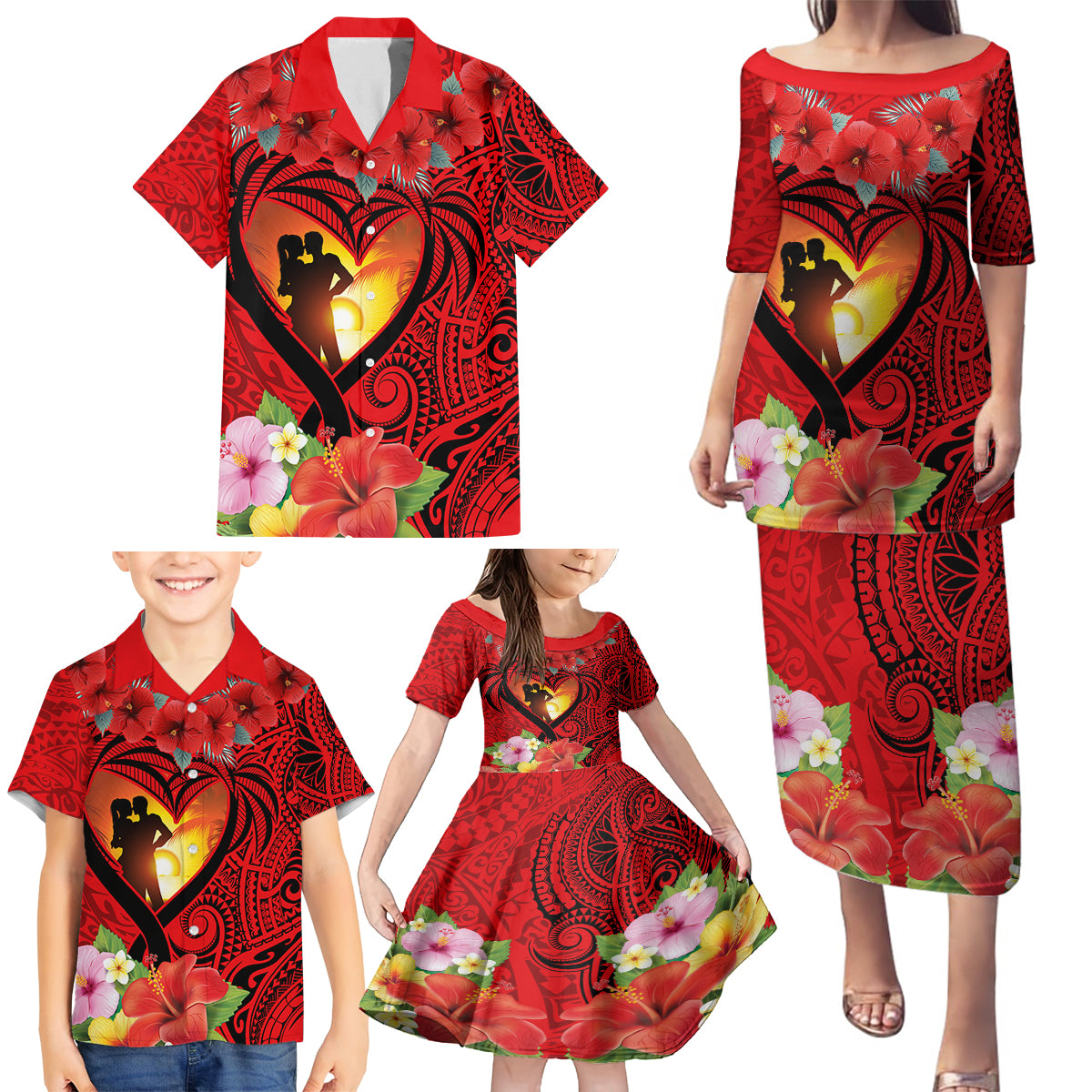 Hawaii Valentine Day Family Matching Puletasi and Hawaiian Shirt Couple on Beach mix Hibiscus and Polynesian Tattoo LT03 - Polynesian Pride