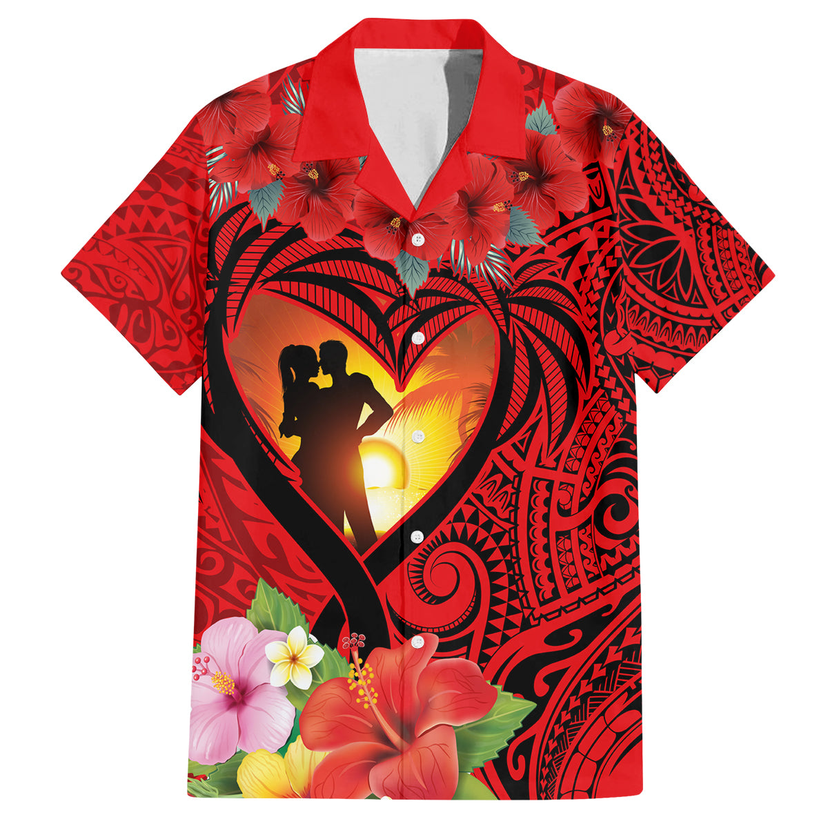 Hawaii Valentine Day Family Matching Puletasi and Hawaiian Shirt Couple on Beach mix Hibiscus and Polynesian Tattoo LT03 Dad's Shirt - Short Sleeve Red - Polynesian Pride