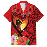 Hawaii Valentine Day Family Matching Summer Maxi Dress and Hawaiian Shirt Couple on Beach mix Hibiscus and Polynesian Tattoo LT03 Dad's Shirt - Short Sleeve Red - Polynesian Pride