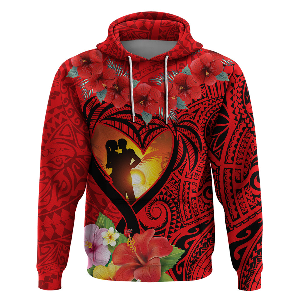 Hawaii Valentine Day Hoodie Couple on Beach mix Hibiscus and Polynesian Tattoo LT03 Pullover Hoodie Red - Polynesian Pride