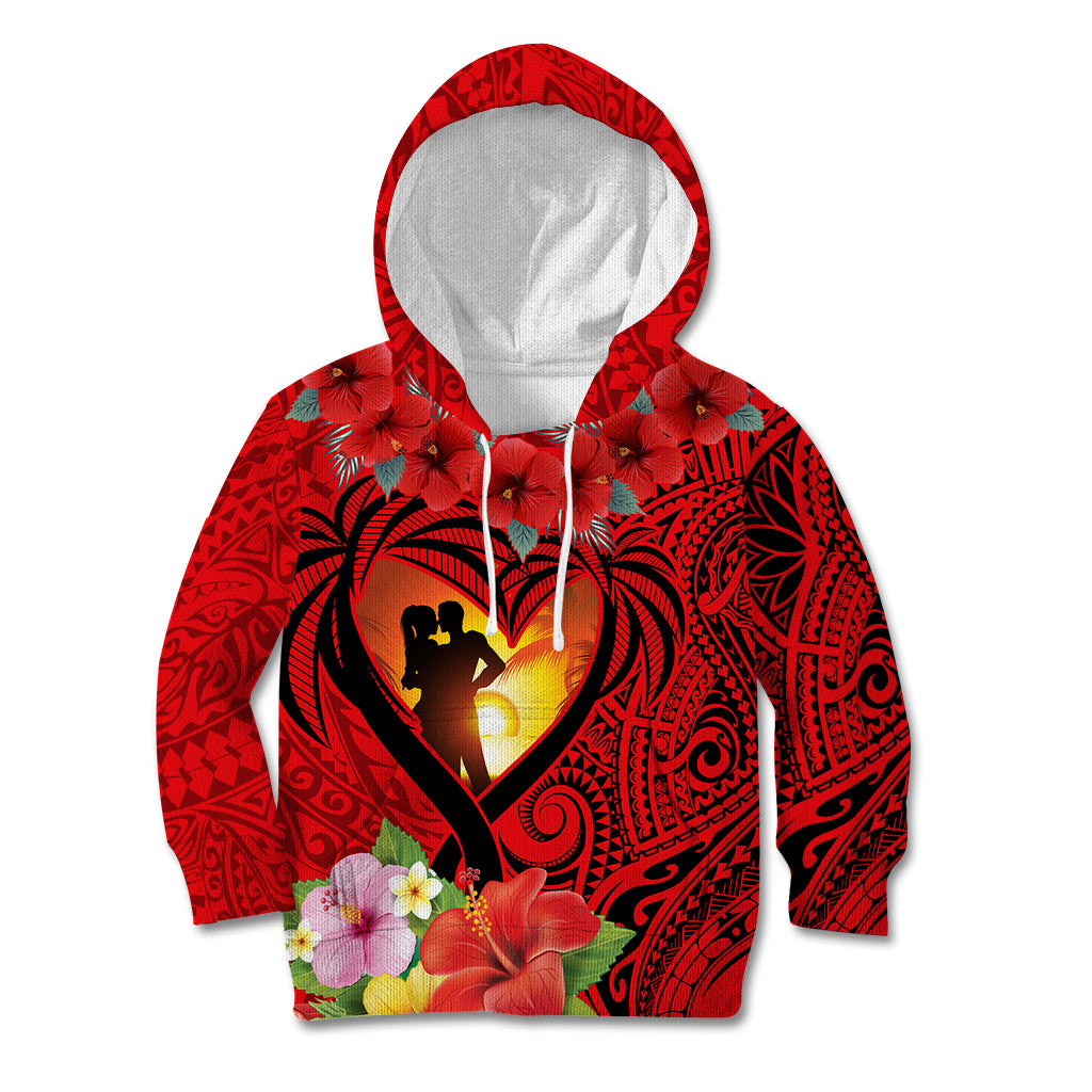 Hawaii Valentine Day Kid Hoodie Couple on Beach mix Hibiscus and Polynesian Tattoo LT03 Hoodie Red - Polynesian Pride