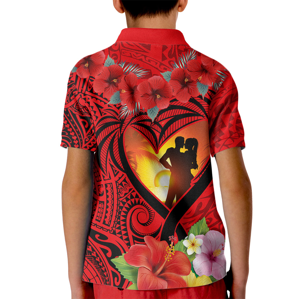 Hawaii Valentine Day Kid Polo Shirt Couple on Beach mix Hibiscus and Polynesian Tattoo LT03 - Polynesian Pride